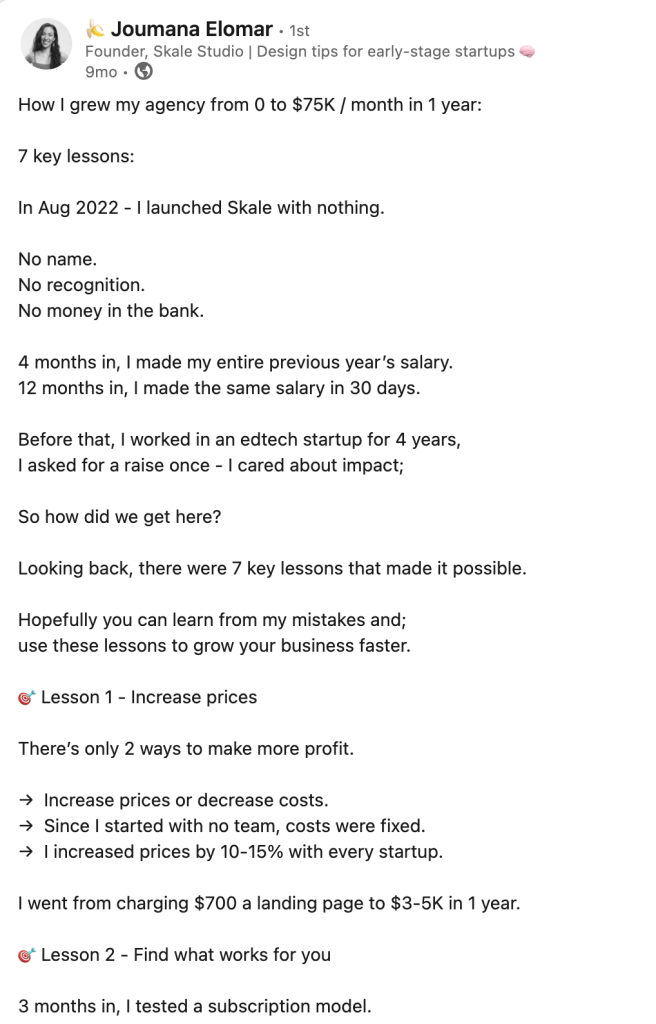 Jouaman Elomar entrepreneur story on Linkedin screenshot